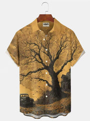 Holiday Halloween House Tree Art Print Men's Button Pocket Short Sleeve Shirt Big & Tall
