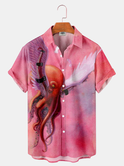 Fydude Men'S Movie Same Style Pink Winged Cthulhu Printed Shirt