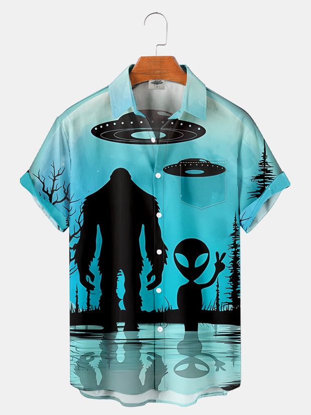 Fydude Men'S Bigfoot And Alien UFO In The Forest Printed Shirt