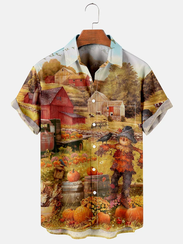 Fydude Men's Pumpkin Halloween Print Shirt