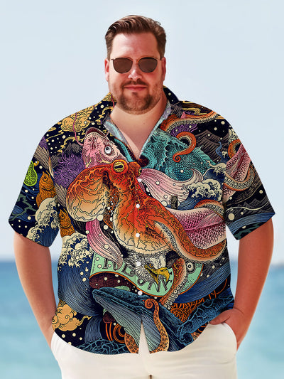Fydude King Size Men'S Ukiyo-E Sea Creature With Octopus Printed Shirt