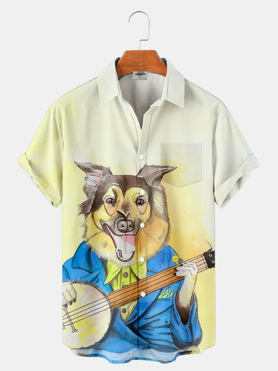 Fydude Men'S Dog With Banjo Music Printed Shirt