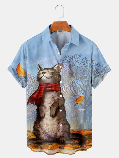 Fydude Men'S Thanksgiving Fall Cat Maple Leaf And Kitten Printed Shirt