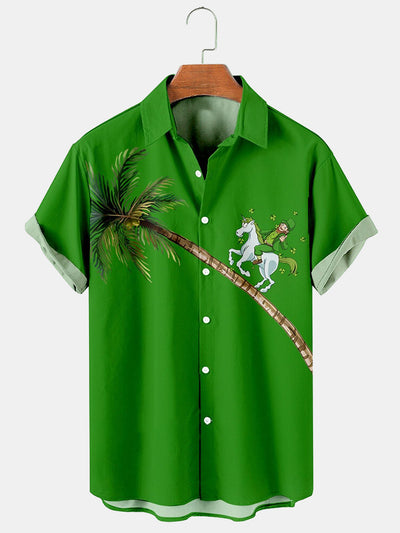 Fydude Men'S St. Patrick'S Day Coconut Tree And Clover Unicorns Print Short Sleeve Shirt