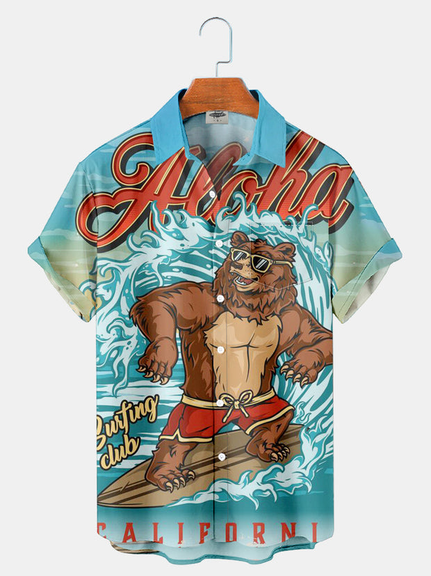Fydude Men'S ALOHA California Brown Bear Surfing Printed Shirt
