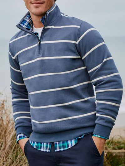 Fydude Men'S Stripe Print Zipper Stand Collar Sweatshirt