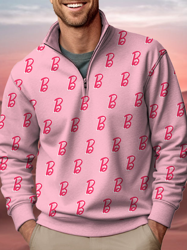 Fydude Men'S Pink Ken Same Style K&B Print Zipper Stand Collar Sweatshirt