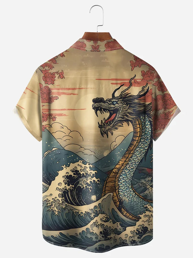 Fydude Men'S Ukiyo-E Waves And Dragons Printed Shirt