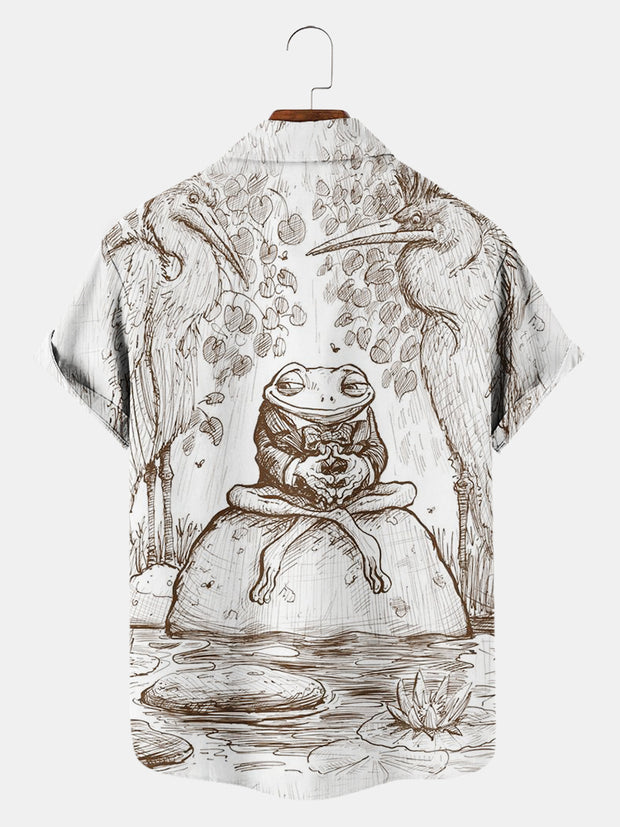 Fydude Men'S Ukiyoe Frog Sketch Line Drawing Printed Shirt