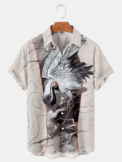 Fydude Men'S Ukiyo-E Oriental Crane Printed Shirt
