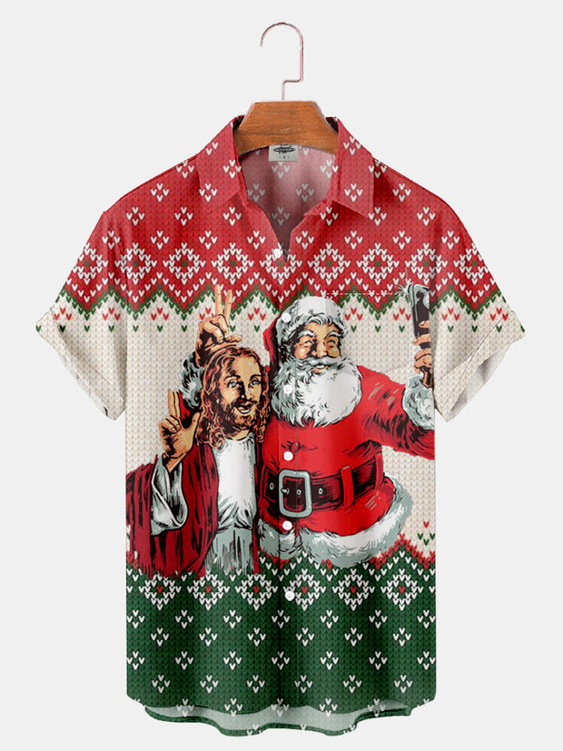 Fydude Men'S Christmas Santa And Jesus Funny Printed Shirt