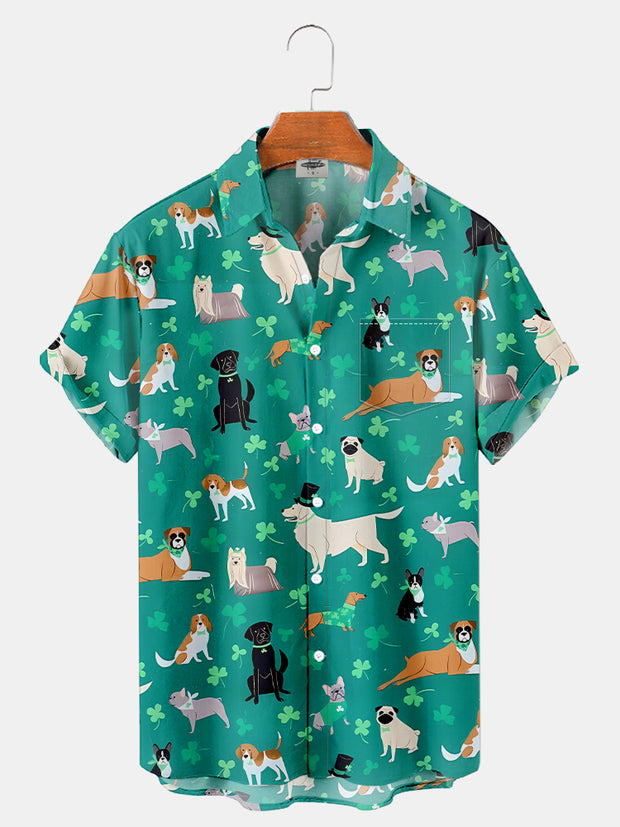 Fydude Men'S St. Patrick'S Day Clover Dog Print Short Sleeve Shirt