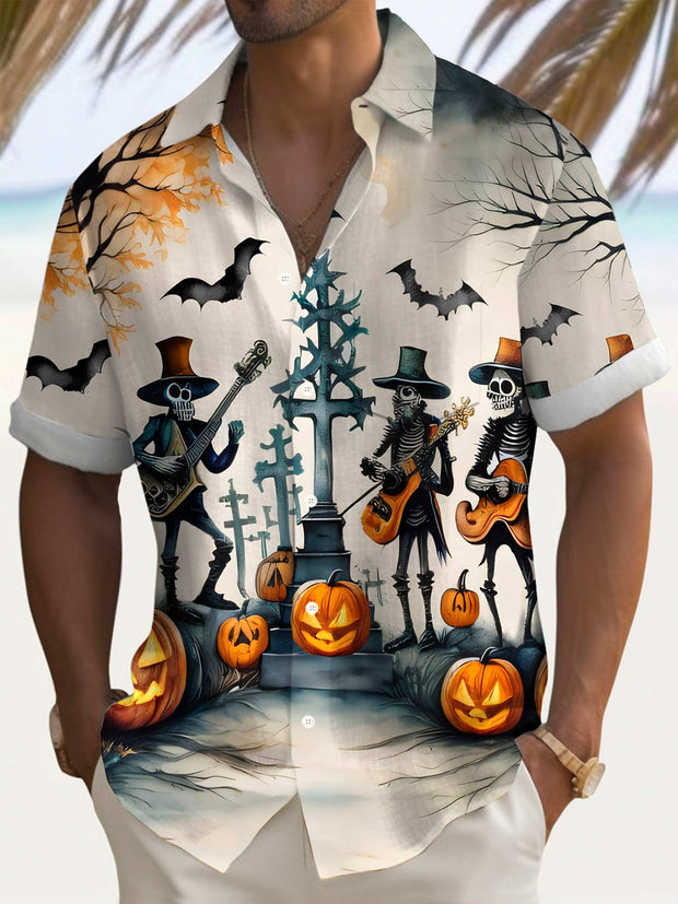 Retro Halloween Skull Pumpkin Print Men's Button Pocket Short Sleeve Shirt Big & Tall