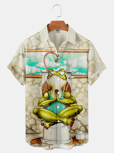 Fydude Men'S Meditation Frog Printed Shirt