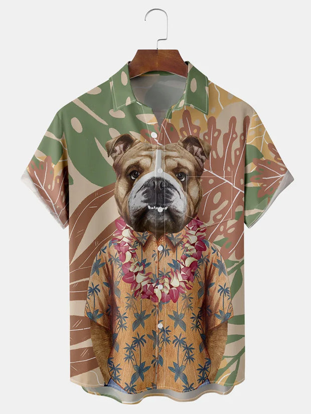 Fydude Men'S Tropical Plants And Dogs Vacation Printed Shirt