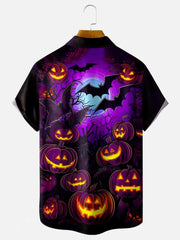 Halloween Pumpkin 3D Digital Print Men's Button Pocket Short Sleeve Shirt Big & Tall