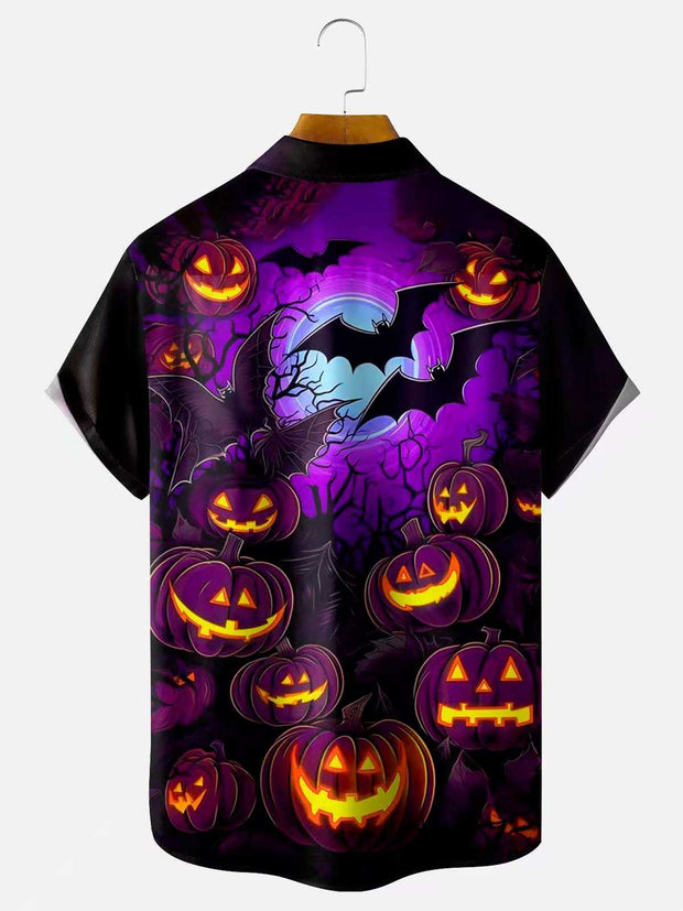 Halloween Pumpkin 3D Digital Print Men's Button Pocket Short Sleeve Shirt Big & Tall