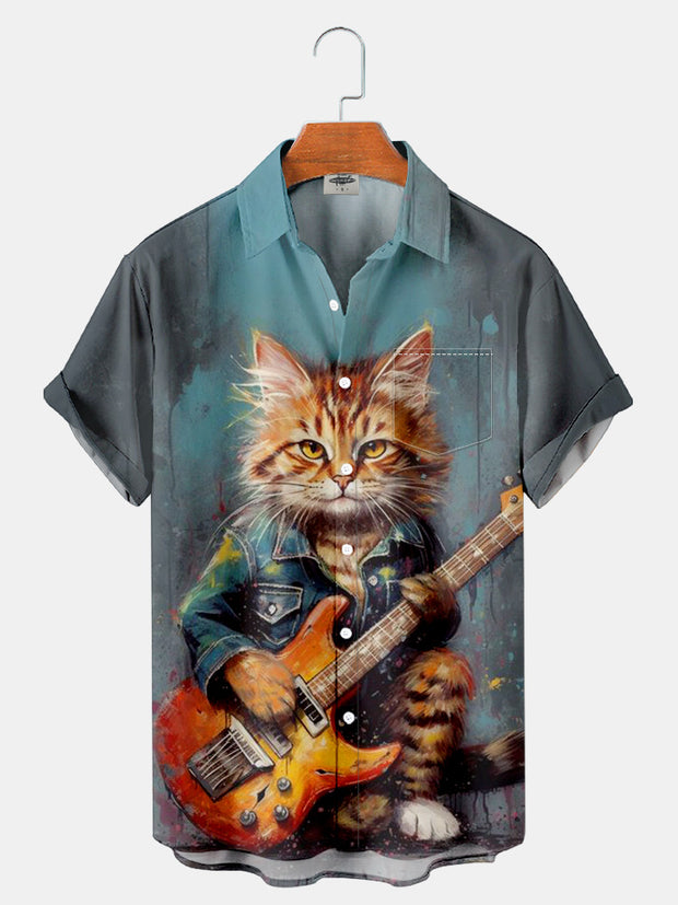 Fydude Men'S Cat And Music Rock And Roll Printed Shirt