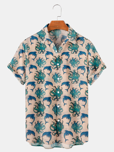 Fydude Men'S Octopus And Dolphin Print Short Sleeve Shirt