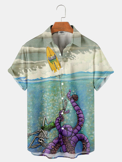 Fydude Men'S Sea Octopus And Skeleton Surf Printed Shirt