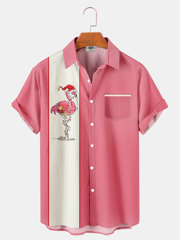 Fydude Men'S Pink Christmas flamingo Movie Same Style Printed Shirt