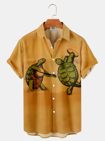 Fydude Men'S Turtles And Banjos Print Short Sleeve Shirt