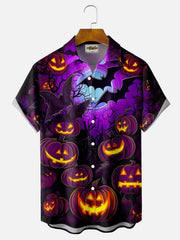 Halloween Pumpkin 3D Digital Print Men's Button Pocket Short Sleeve Shirt Big & Tall