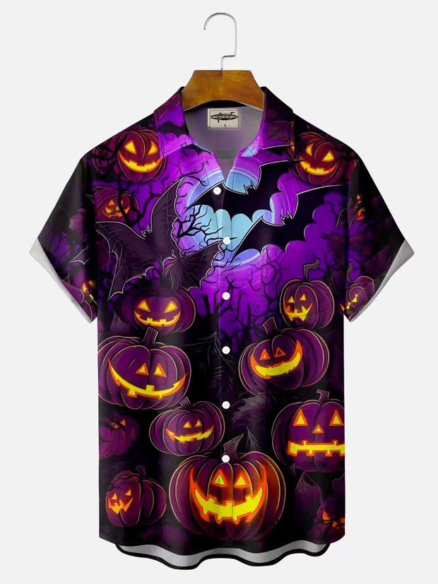 Halloween Pumpkin 3D Digital Print Men's Button Pocket Short Sleeve Shirt Big & Tall