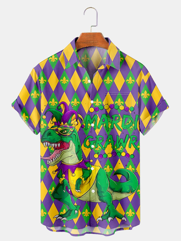 Fydude Men'S Mardi Gras Dinosaurs Print Short Sleeve Shirt