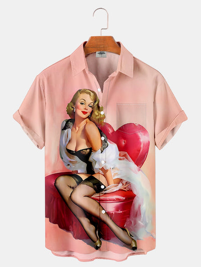 Fydude Men'S Valentine'S Day Pin Up Girl Print Short Sleeve Shirt