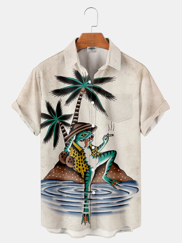 Fydude Men'S Vacation Island Frog Coconut Trees Printed Shirt