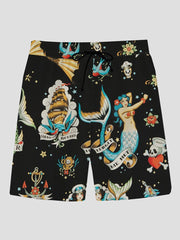 Fydude Men'S Casual Mermaid Print Hawaiian Shirt Set