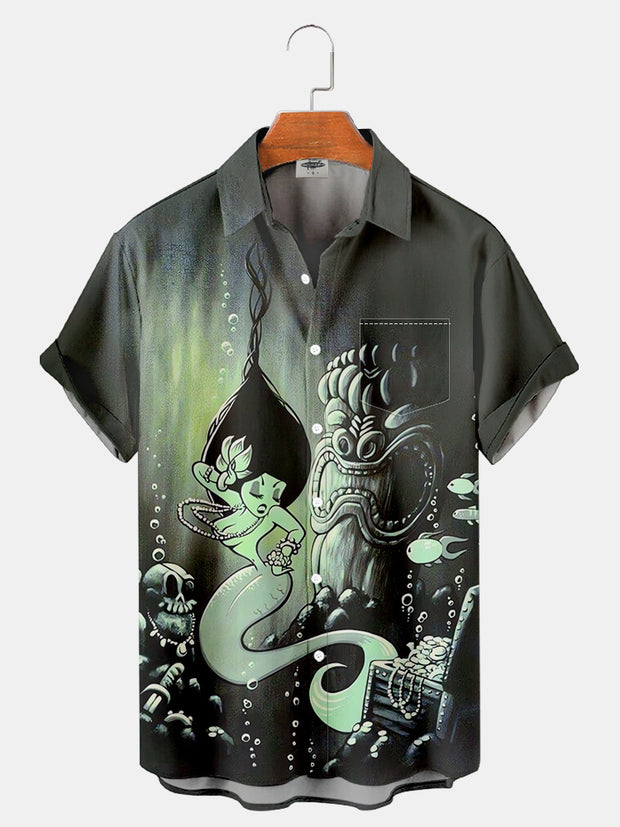 Fydude Men'S TIKI And Mermaid Printed Shirt