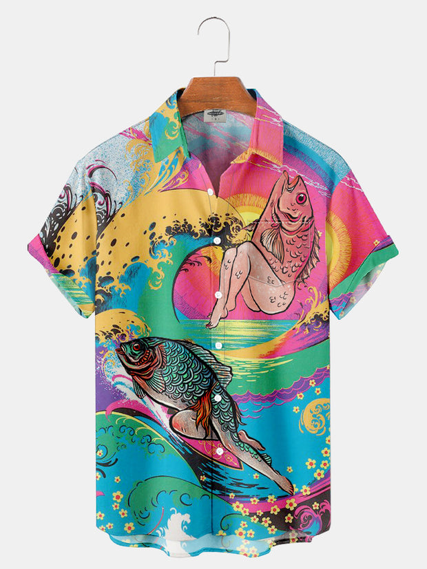 Fydude Men'S Funny Fisherman Mermaid Hippie Sea Waves Printed Shirt