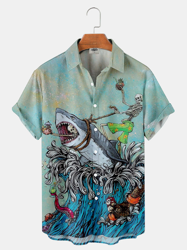 Fydude Men'S Ocean Shark Surfing Printed Shirt