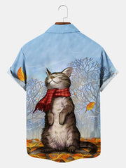 Fydude Men'S Thanksgiving Fall Cat Maple Leaf And Kitten Printed Shirt