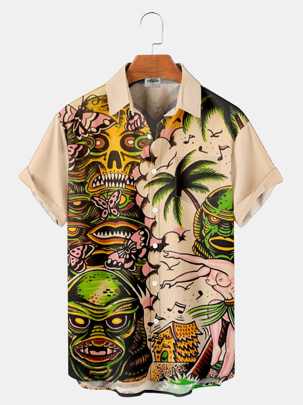 Fydude Men'S Halloween Classic Monster Hawaii Tiki Printed Shirt
