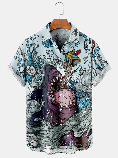 Fydude Men's Shark Print Casual Shirt