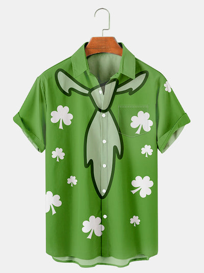 Fydude Men'S St. Patrick'S Day Clover Cartoon Print Short Sleeve Shirt