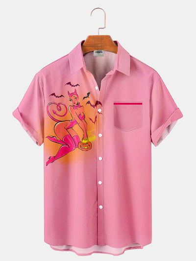 Fydude Men'S Halloween Pink Devil And Bat Printed Shirt