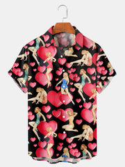 Fydude Men'S Valentine's Day Love Pin Up Girl Print Short Sleeve Shirt