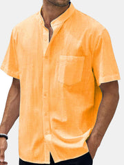 Fydude Men's Solid Color Cotton linen Short Sleeve Shirt