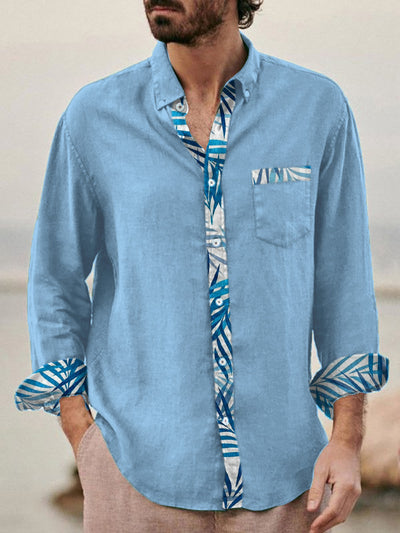 Fydude Men'S Hawaiian Leaves Print Cotton Linen Shirt
