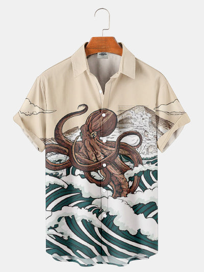 Fydude Men'S Ukiyo-E Wave Octopus Printed Shirt