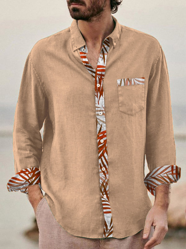 Fydude Men'S Hawaiian Leaves Print Cotton Linen Shirt