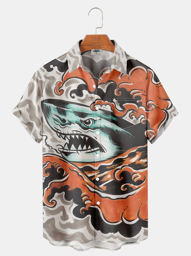 Fydude Men'S Ukiyo-E Sea Waves Shark Printed Shirt