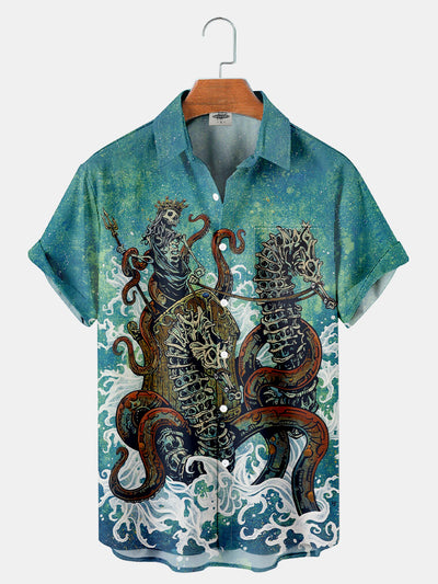 Fydude Men'S Skeleton Seahorse And Octopus Day Of The Dead Halloween Printed Shirt