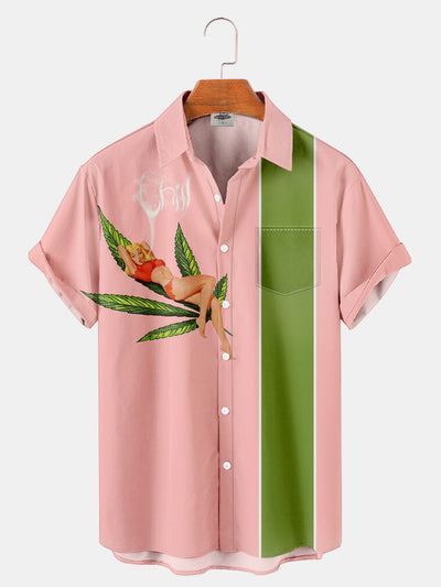 Fydude Men'S Plant Leaves And Pin Up Girl Printed Shirt