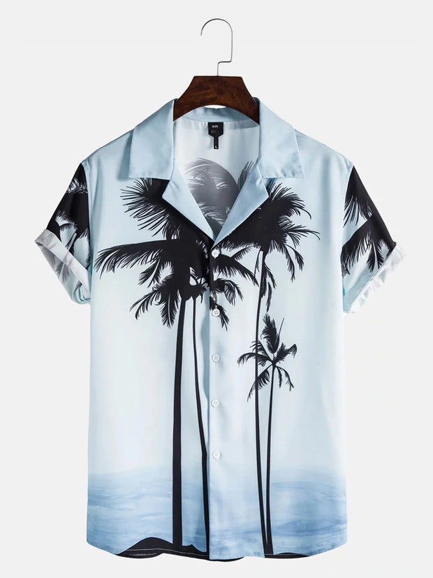 Blue Shirt Collar Coconut Tree Beach Printed Shirts & Tops