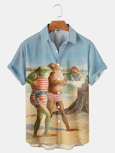 Fydude Men'S Vintage Frog Poster Swim Beach Printed Shirt